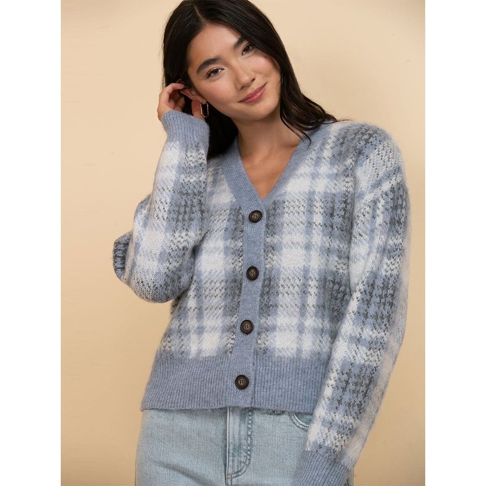 Cupcakes and Cashmere Plaid Cardigan Knit Button Front Blue White L